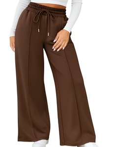 Women Brown Wide Leg Pants Elastic Waist <b>Drawstring</b> Casual <b>Trousers</b> With Side Pockets Breathable Knitted Fabric Autumn Style - Product Image 1