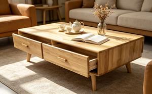 Minimalist Nordic Solid Oak Coffee <b>Table</b> with 2 Storage <b>Drawers</b> for Living Room - Product Image 2