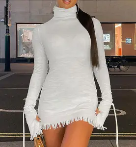 FS9801A 2024 Nouvelle arrivée Streetwear Robes Dame à Manches Longues Col Haut Robe Blanche