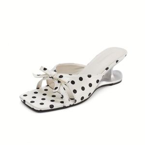 French Style Wedge Heel Slides Polka Dot <b>Bow</b> Decor Niche Elegant High Heel <b>Sandals</b> Women Outdoor Summer Footwear - Product Image 2