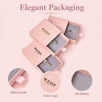 Boîte à bijoux rose de qualité supérieure, style tiroir, avec insert en microfibre, logo personnalisé, boîte coulissante en papier pour bagues