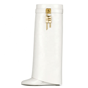 Fold Over Long Booties Soft Overlay Slip-on Wedge <b>Heel</b> Shoes Women's Knee High Boots Metal Shark Lock Size 43 - Product Image 2