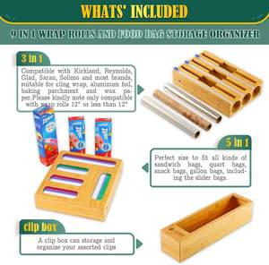 9 in 1 대나무 랩 디스펜서 (커터 포함) 및 이중 지퍼백 정리함, 모던 주방 식품 보관 랙 - Product Image 5