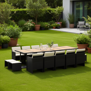 Ensemble de salle à manger de jardin en rotin noir 10 places, table en teck, coussins crème, mobilier d'extérieur, design contemporain - Product Image 2