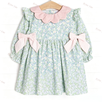 Robes à manches longues pour petite fille avec imprimé floral personnalisé, en coton tricoté, avec de grands nœuds, col à revers, robe de princesse pour bébé fille, tenue d'automne et d'hiver