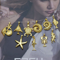 Nouvel accessoire de pendentif en cuivre plaqué or 18 carats sur le thème de l'océan, avec homard, étoile de mer, conque, tortue marine et coquille Saint-Jacques, vente en gros.