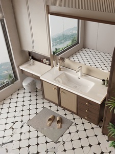 Vasque en céramique monobloc de style vintage avec armoire miroir intelligente, meuble-lavabo mural de salle de bain de style rotin - Product Image 2