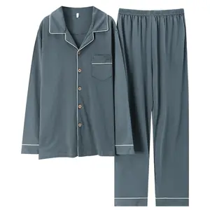 Custom Mens Luxury Winter Spring 2 Pieces Pajamas Set Cotton Cozy Soft Elegant Pajama Set