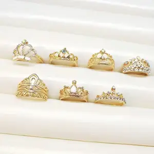 Wholesale selling women's crown ring geometric stone metal inlaid ring jewelry color zircon crystal ring