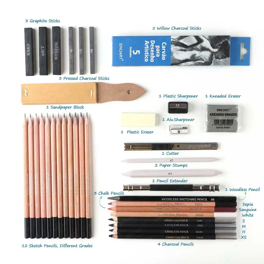SINOART 41pcs מקצועי סקיצה עיפרון סט אמנות סט ב Terylene רוכסן אחסון מקרה ציור עיפרון סט עבור ילד
