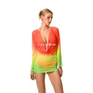 Vestido Mini Bodycon HDJ de Manga Larga con Degradado de Color, Cuello en V Profundo, Tallas Grandes, Control de Abdomen, Spandex y Poliéster - Product Image 1