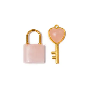 Conjunto de pingente de chave e fechadura romântico para casal, chave de bloqueio, pingente de pedra rosa, amor, coração, quartzo, banhado a ouro, pingente para casal