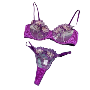 Ensemble deux pièces de lingerie transparente en dentelle brodée sexy pour femmes, soutien-gorge push-up fin pour poitrines généreuses, maintien léger - Product Image 1