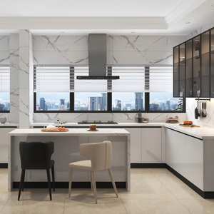 Armoires de cuisine en marbre en forme de L modernes SANTOPOVA avec appareils intégrés et rangement avec porte en verre - Product Image 1