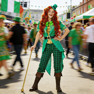 Conjunto de Disfraz de Duende Irlandés para Mujer Adulta, Día de San Patricio, Fiesta de Halloween, Pantalones Verdes a Cuadros, Chaqueta, Sombrero, Cinturón, Corbata de Moño - Product Image 1