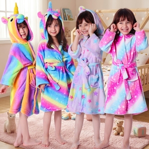 Pigiama con Cappuccio in Morbido Flanella, Simpatico Costume da Animale per Bambini, Maniche Lunghe, Arcobaleno, Vestaglia da Notte - Product Image 1