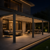 Pergola moderne en aluminium blanc thermolaqué avec stores motorisés intégrés, imperméable, résistant à la neige et au vent
