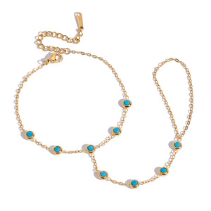 Bracelet en acier inoxydable plaqué or 18 carats avec turquoise bleue ronde sertie, unisexe, pour un usage quotidien - Product Image 5