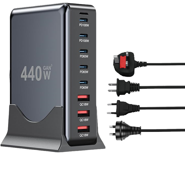 Wholesale 440W GaN USB Type C Fast Charging Station 8 Ports 100W PD QC3.0 Desktop Fast Charger for Phone Tablet Laptop Charger