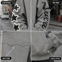 Sweat à capuche streetwear pour homme personnalisé en molleton épais gris chiné 380 GSM, entièrement zippé, avec patch étoile et impression en relief, coutures ondulées