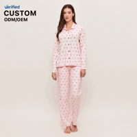 Conjunto de Pijamas de Algodón Modal para Mujer al por Mayor, Diseño Personalizado OEM con Estampado de Corazones de Cereza, Manga Larga, Botones, Ropa de Dormir de 2 Piezas