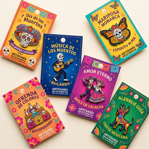 Spille Artigianali Messicane per il <span class=keywords><strong>Giorno</strong></span> dei Morti, Decorative, Culturali, Commemorative, a forma di Calavera Floreale, in Smalto, per Commercio all'Ingrosso - Product Image 1