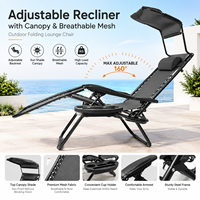 Chaise inclinable zéro gravité 6,2 kg 176x82 cm, transat pliable avec auvent pare-soleil, porte-gobelet, support en S, capacité de charge 160 kg