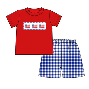 Conjuntos de Niño Personalizados Más Vendidos, Pantalones Cortos a Cuadros Azul Rey, Venta al Por Mayor, Apliques del 4 de Julio, Conjuntos de Niño para Primavera - Product Image 4