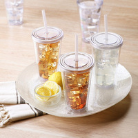 Gobelet Transparent Réutilisable à Double Paroi en Plastique Acrylique de 16 oz pour Eau Glacée ou Café, Tasses en Gros avec Paille et Couvercle