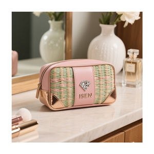 Bolsa de Maquillaje de Felpa con Tejido de Paja <span class=keywords><strong>ISEN</strong></span> para Mujer, Bolsa de Cosméticos de Viaje, Organizador de Artículos de Tocador, Logotipo Personalizado, Servicio ODM OEM - Product Image 4