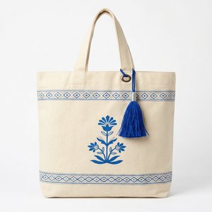 Bohemian Cotton Tote Bag With <b>Blue</b> Floral Embroidery And Tassel Decor - Product Image 1