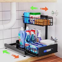 Organisateur de cuisine ajustable à 2 niveaux en métal en forme de L pour évier, solution de rangement coulissante sous l'évier