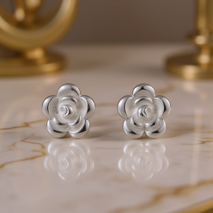 E832 Pendientes de botón con forma de flor en oro blanco, joyería fina clásica unisex - Product Image 2