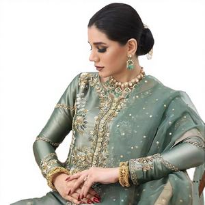 Elegant <b>Green</b> Embroidered Pure <b>Silk</b> Wrinkle-Free Moisture-Wicking Knee-Length Regular Fit Salwar Kameez Kurta/Kurti for Women - Product Image 2