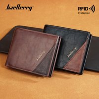 Baellery dompet kulit pendek Pria, kelas atas gaya bisnis Mini lapisan PU RFID Logo kustom untuk pria