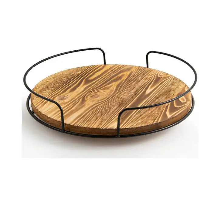 Kitchen Rustic Turntable Organizer with Steel Frame 360 Degree Decorative Wood Lazy Susan Turntable for Table