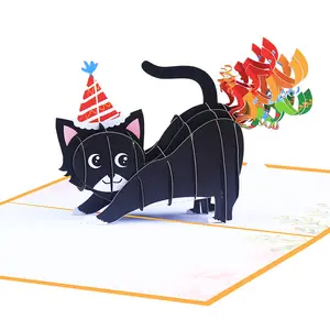 Cartoline d'auguri per feste di gatto nero 3D con cartoline d'auguri di buon compleanno gatto carino