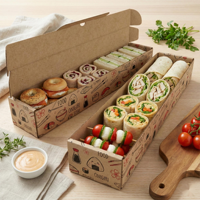 Boîte de traiteur personnalisée en carton kraft long, avec pelliculage mat, gaufrage et doublure en mousse pour plateaux de sushis et sandwichs, à charnière