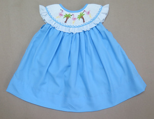 Adorable <b>Flamingo</b> Palm Smocked Kids Collection Hand Embroidered Light Blue Summer <b>Dress</b> For Girls - Product Image 1
