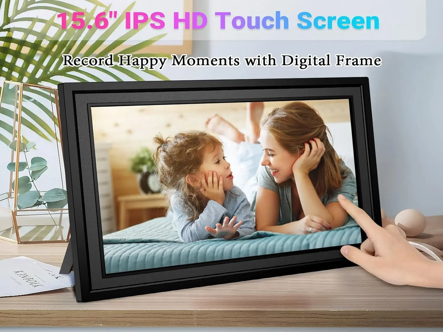 FRAMEO 15,6 "marco de fotos digital grande pantalla táctil IPS, marco de fotos digital Wifi con 32G, compartir fotos videos a través de la aplicación del teléfono