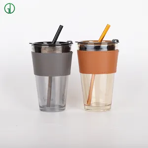 420ml 14.5oz Modern Simple Clear Glass Coffee Cup with Straw Lid