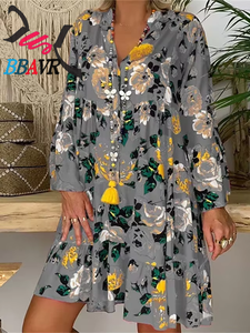 Europe and the United States women's new fashion printed sleeve dress ruffled <b>plus</b>-<b>size</b> loose dress - Product Image 5