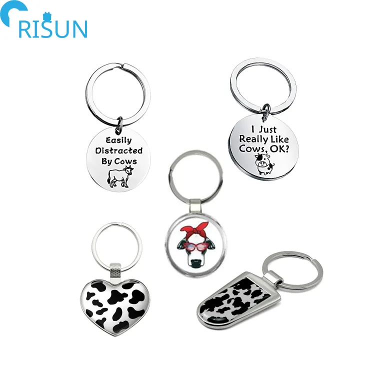 Wholesale Cheap Keychain Cow Print Custom LOGO Black White Heart Love Metal Keychain Key Ring Laser llavero Promotional Gift