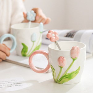 Taza de Cerámica Personalizada <span class=keywords><strong>con</strong></span> Diseño de Tulipán, Estilo Creativo, Linda Taza para Beber, Taza de Desayuno <span class=keywords><strong>con</strong></span> Flor 3D - Product Image 4