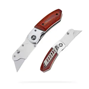 木柄折叠实用刀，带可更换SK5刀片钢实用刀，带安全刀片护套盖，重量轻