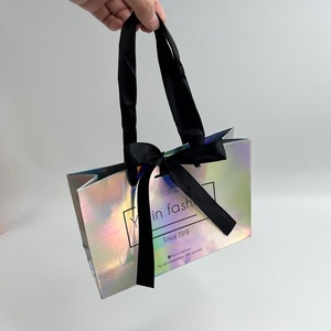 Custom Holographic Coated Paper Gift <b>Bag</b> Ribbon Recyclable Luxury <b>Packaging</b> Foldable <b>Design</b> Offset Printing 230gsm Customizable - Product Image 4