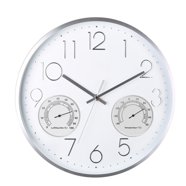 Premium Modern White 14 Inch Metal Silent Sweep Quartz Wall Clock with Thermometer & Humidity 3D Numerals for Apartment Interior