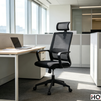 Chaise de bureau ergonomique en maille à dossier haut avec appui-tête réglable, support lombaire, accoudoirs fixes, pivotante et réglable en hauteur pour poste de travail informatique