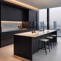 Cuisine moderne de luxe, armoires en bois massif et contreplaqué, design noir avec îlot, solution clé en main pour toute la maison