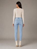 Jean skinny décontracté taille haute respirant bleu clair de luxe avec boutons dorés pour femme